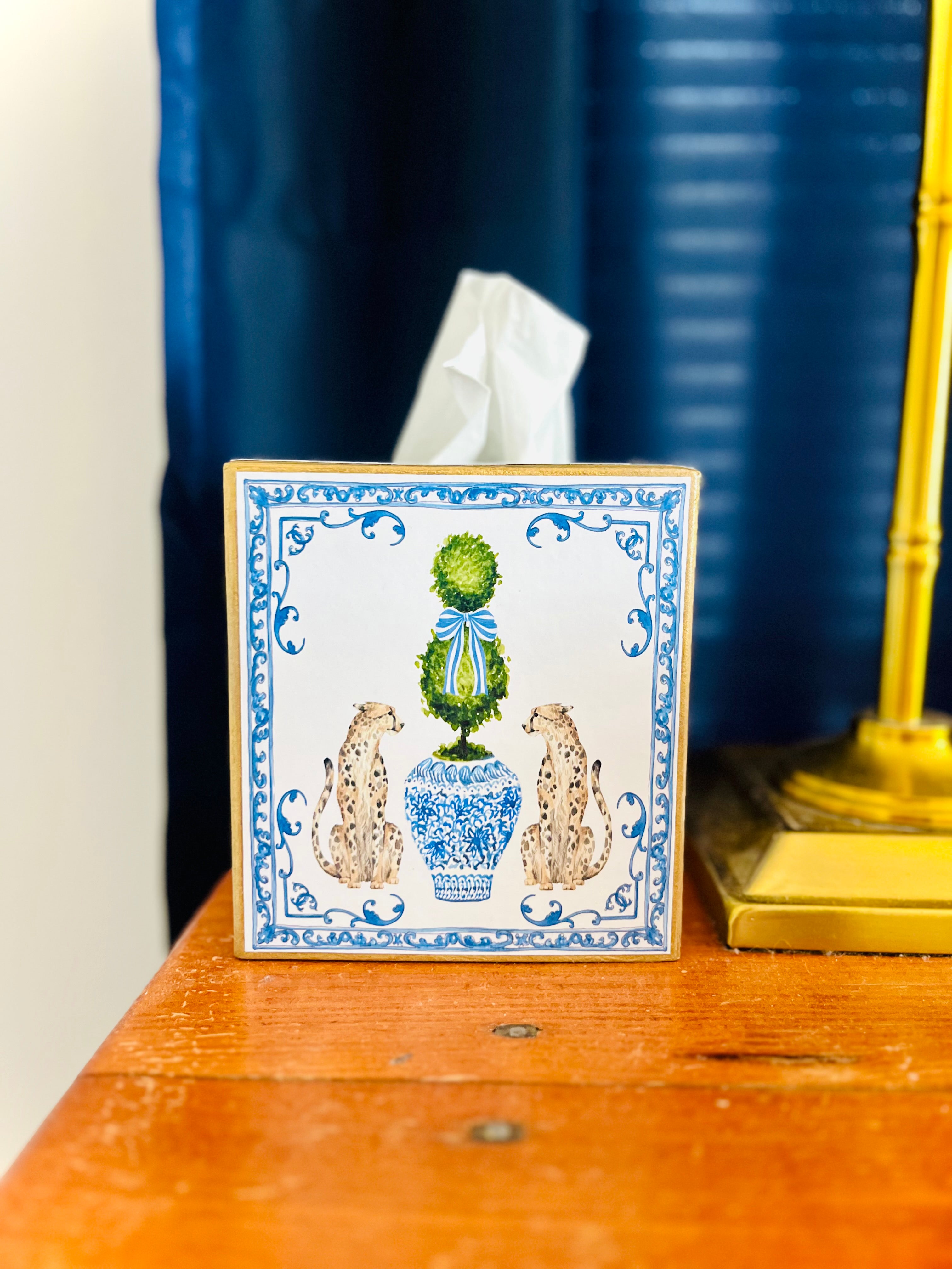 Tissue box cover (blue/white leopards)