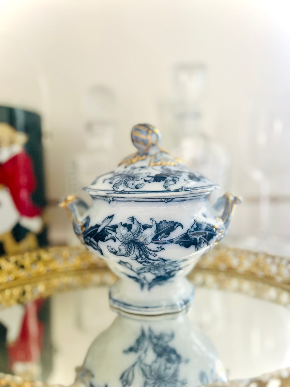 Flow Blue iris tureen & ladle