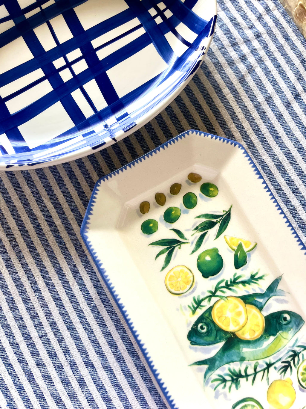 Blue & white plaid platter by Pier 1