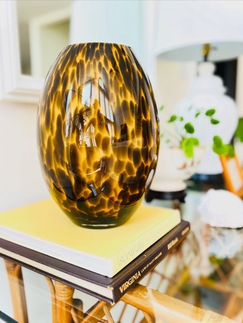 Tortoiseshell 12” tall glass vase