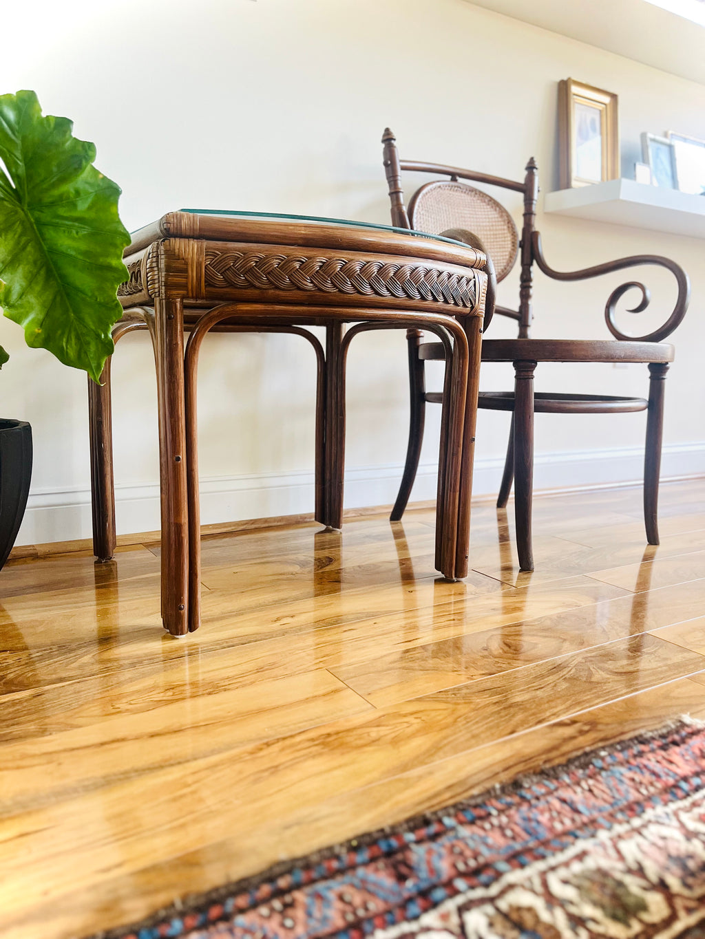 Rattan glass top side table
