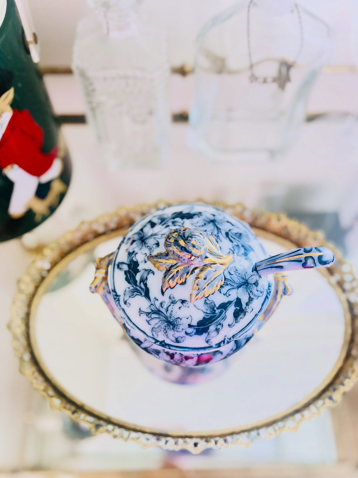 Flow Blue iris tureen & ladle