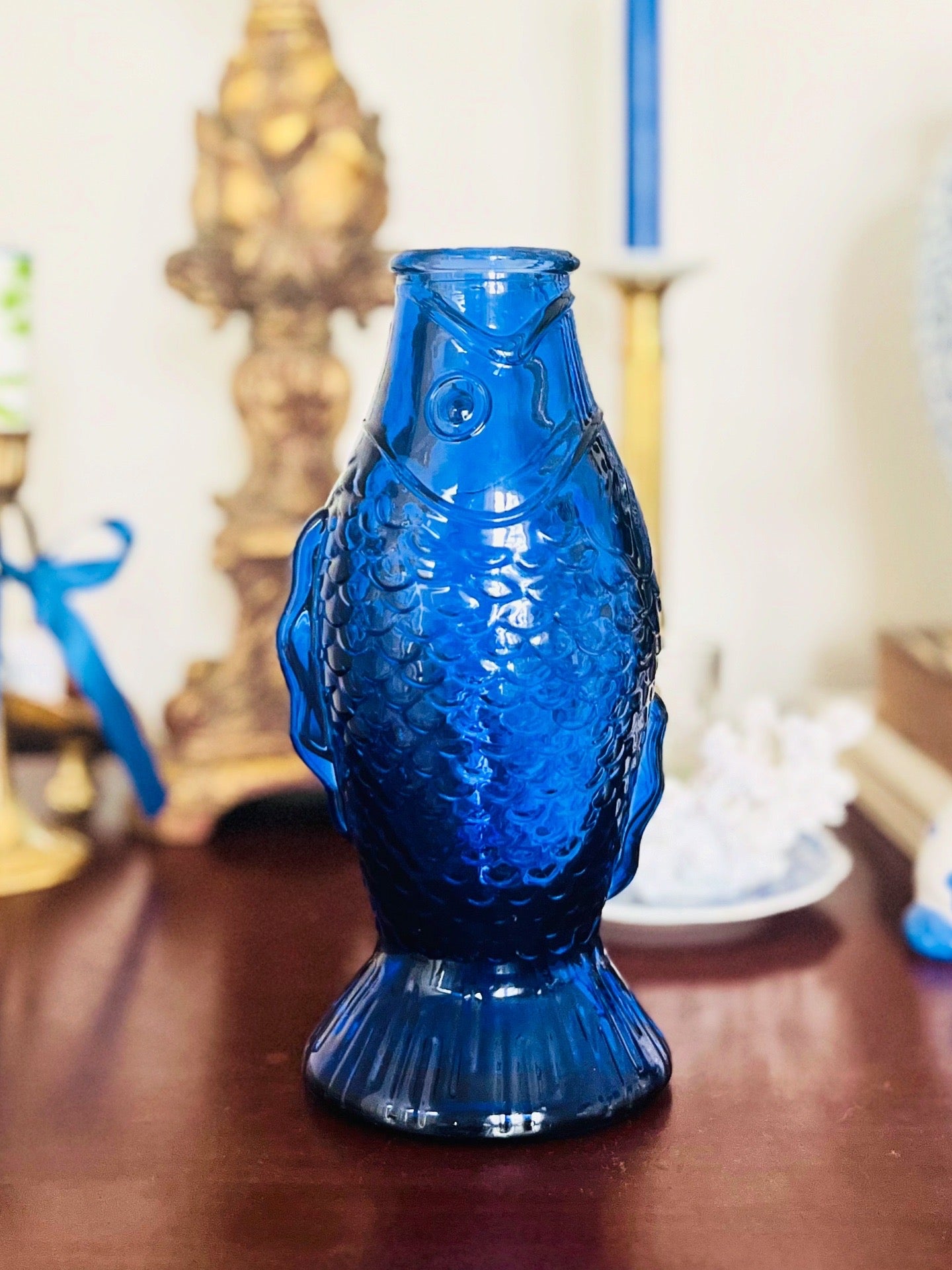 Blue glass fish vase