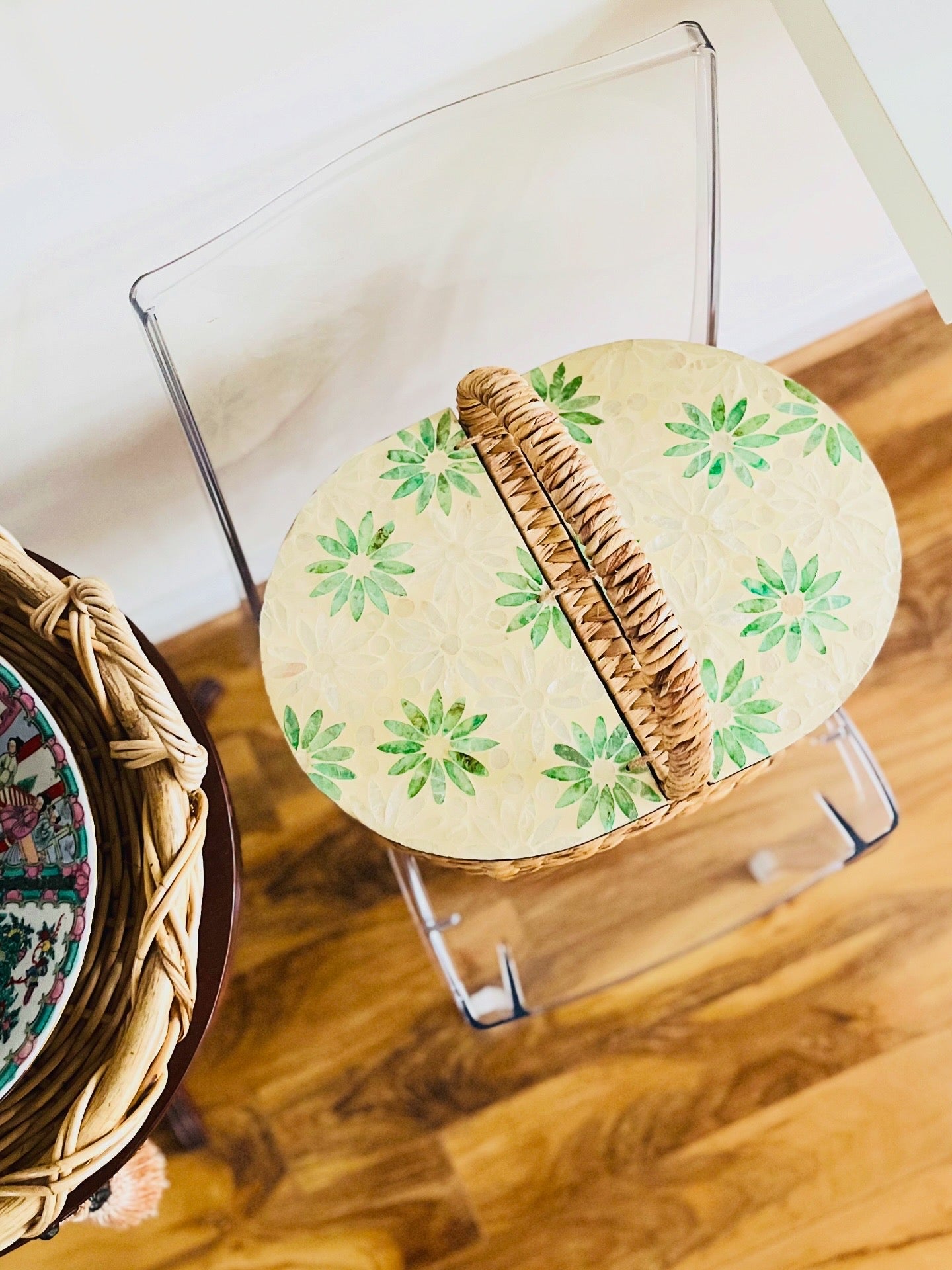 Mother of pearl mosaic seagrass basket