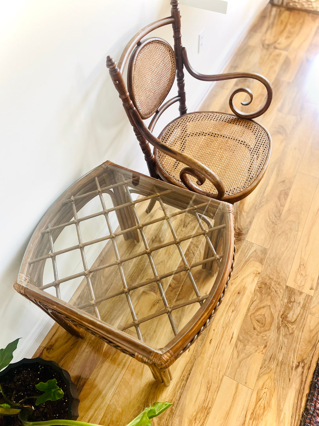 Rattan glass top side table