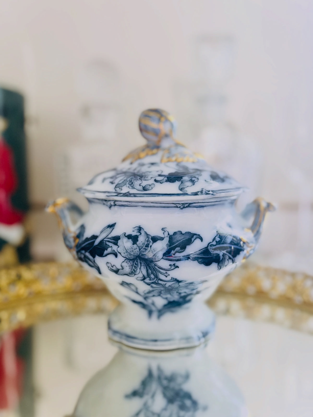 Flow Blue iris tureen & ladle