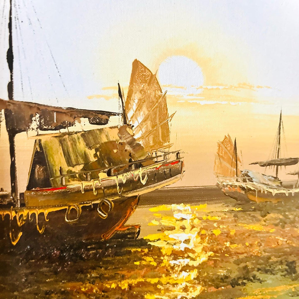 Framed oil on canvas of ships at sea