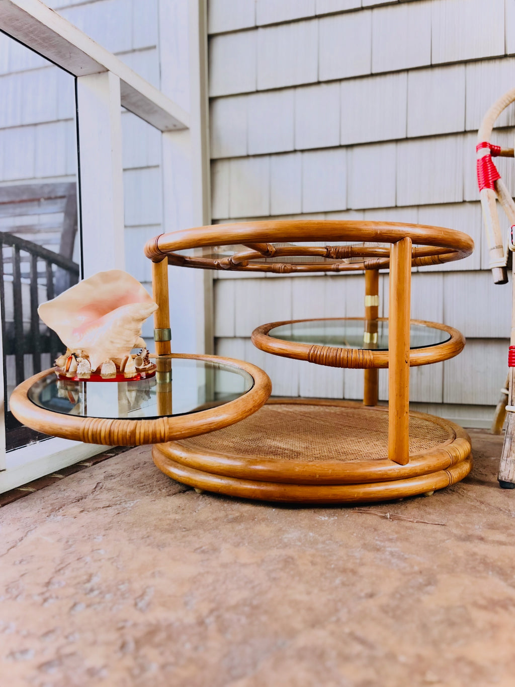 Rattan & glass tiered table