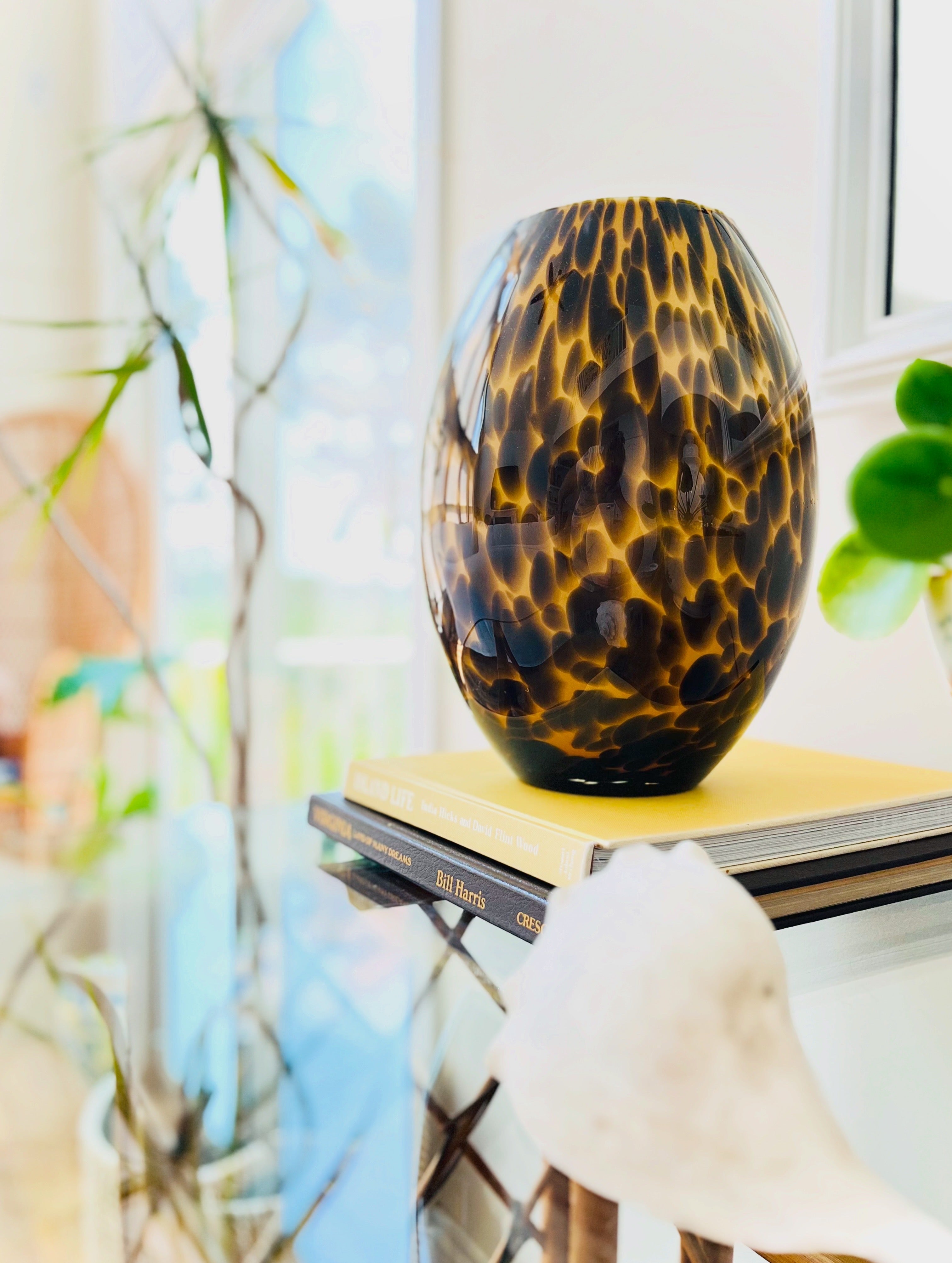 Tortoiseshell 12” tall glass vase