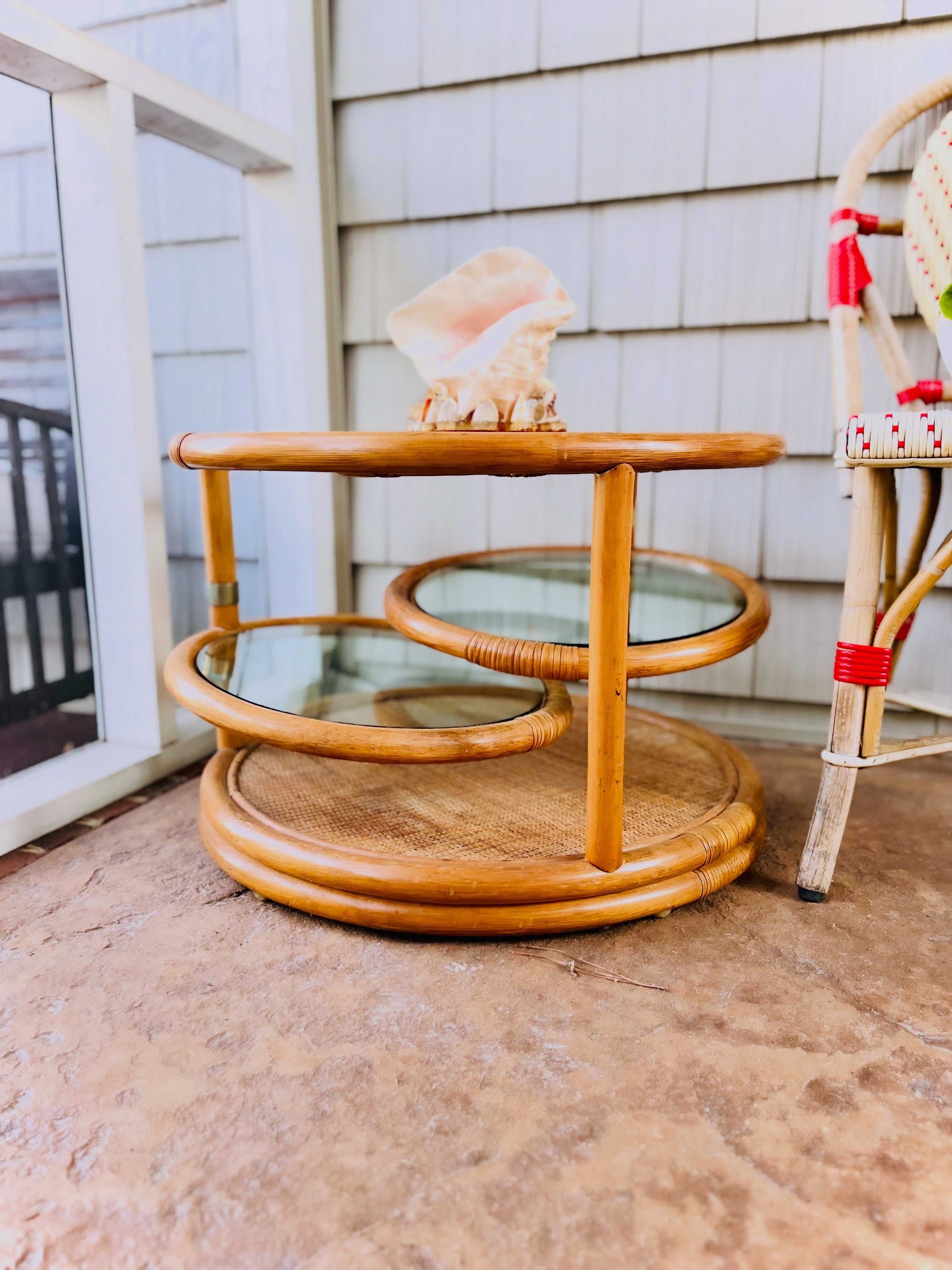 Rattan & glass tiered table