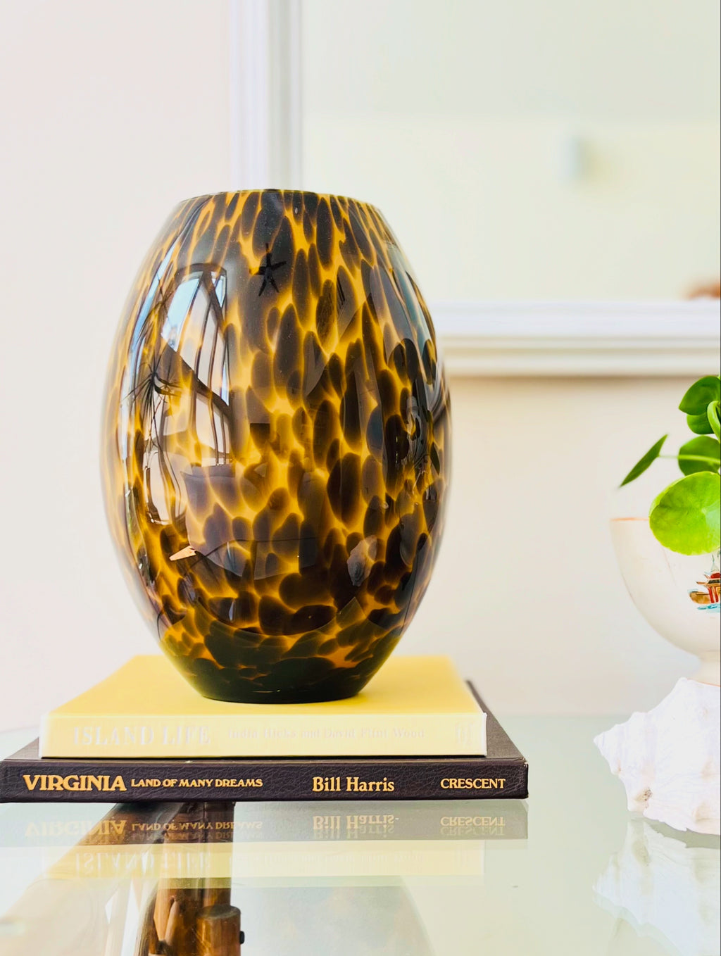 Tortoiseshell 12” tall glass vase