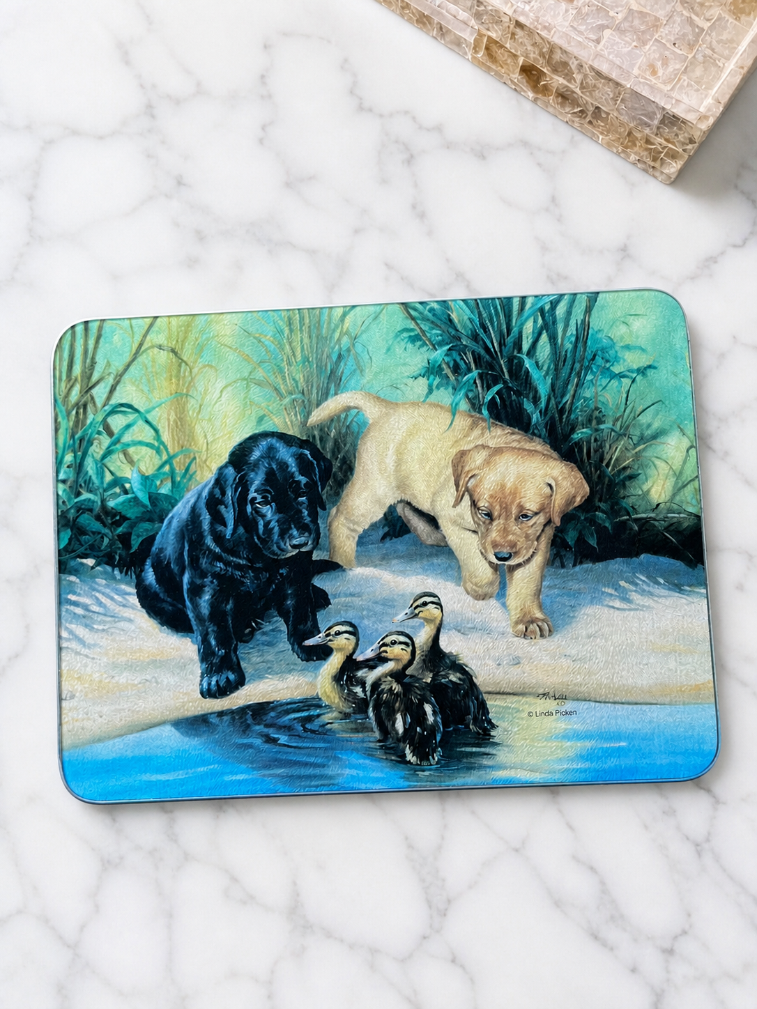 Labrador pups & ducks glass cutting board
