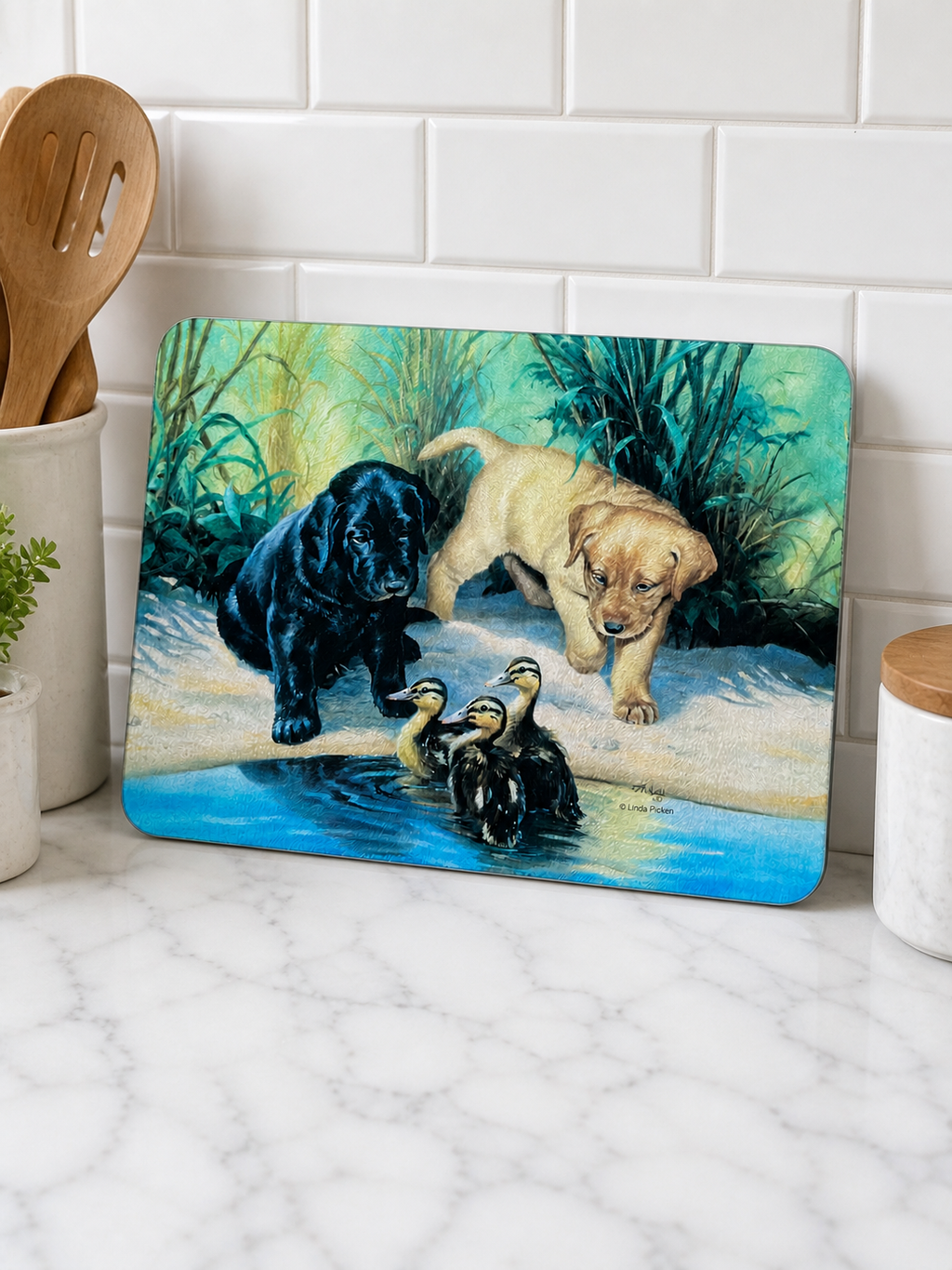 Labrador pups & ducks glass cutting board