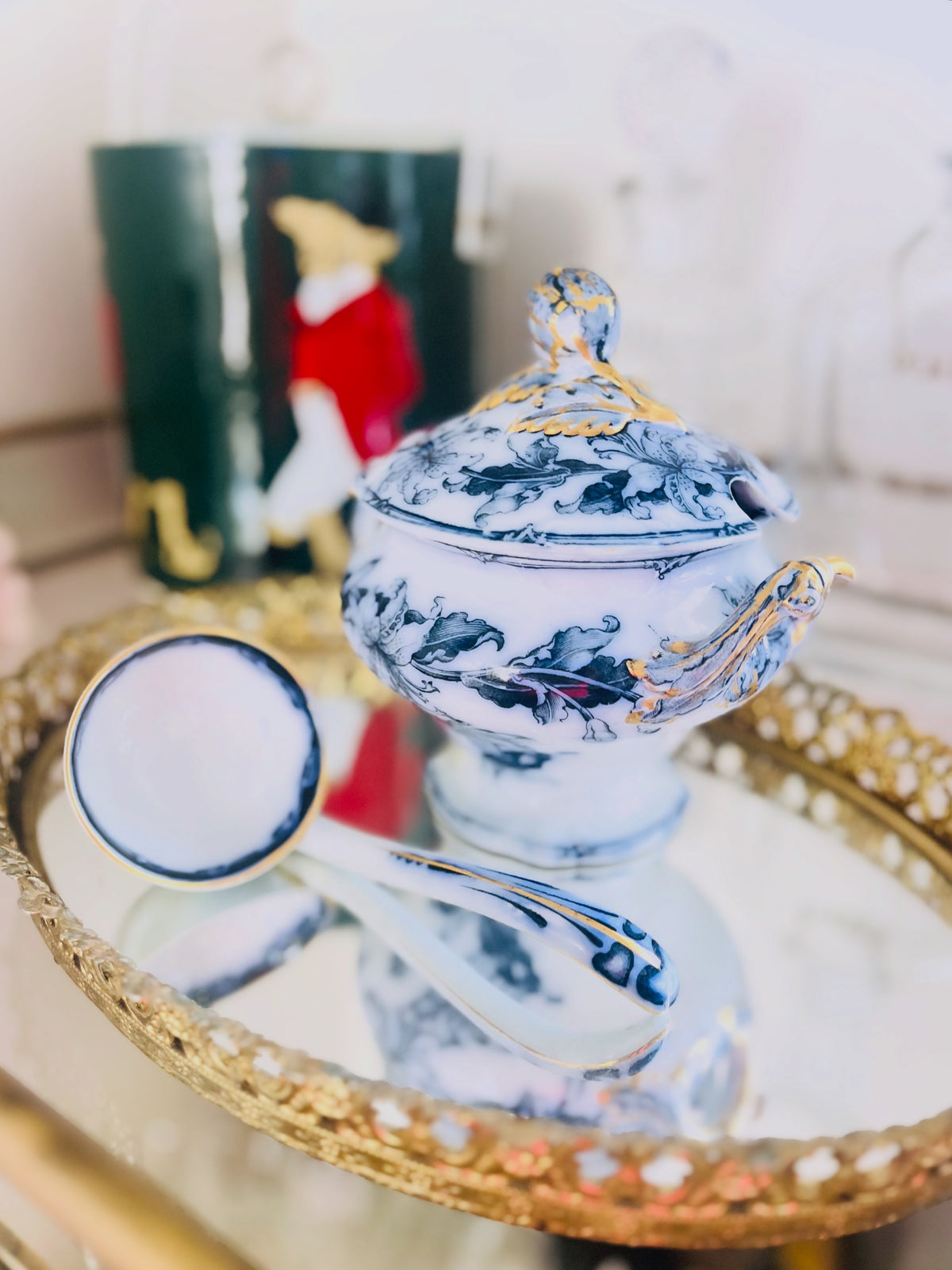 Flow Blue iris tureen & ladle