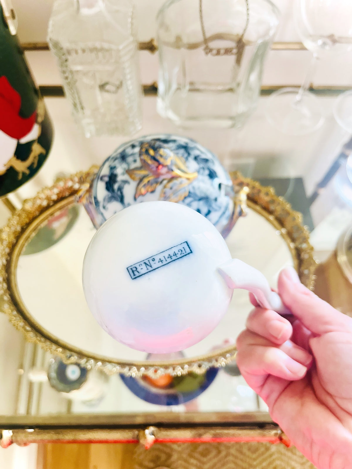 Flow Blue iris tureen & ladle