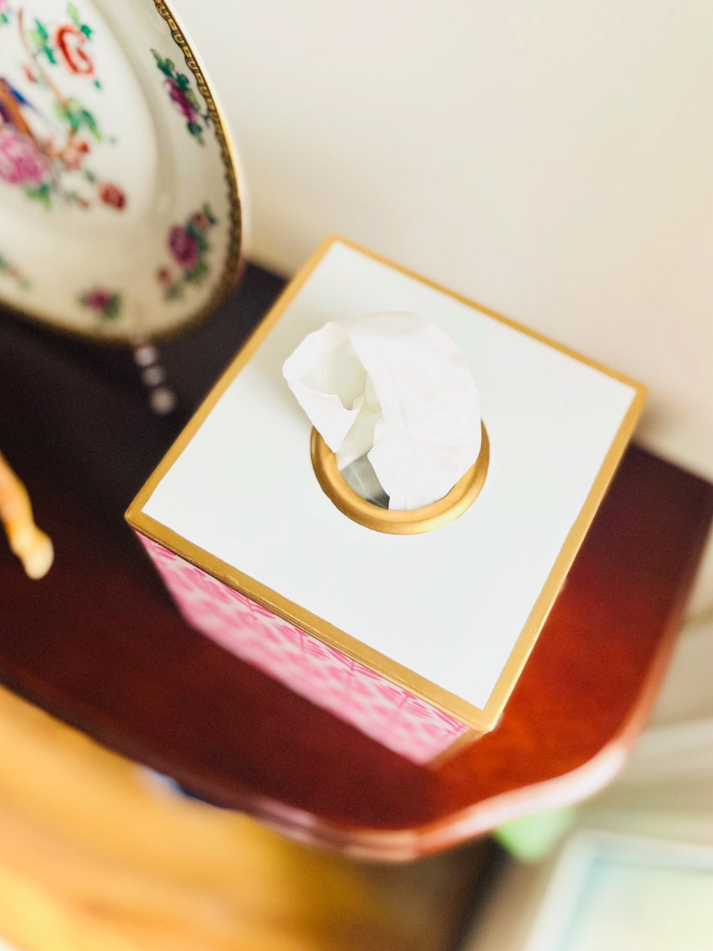 Pink & white tissue box cover