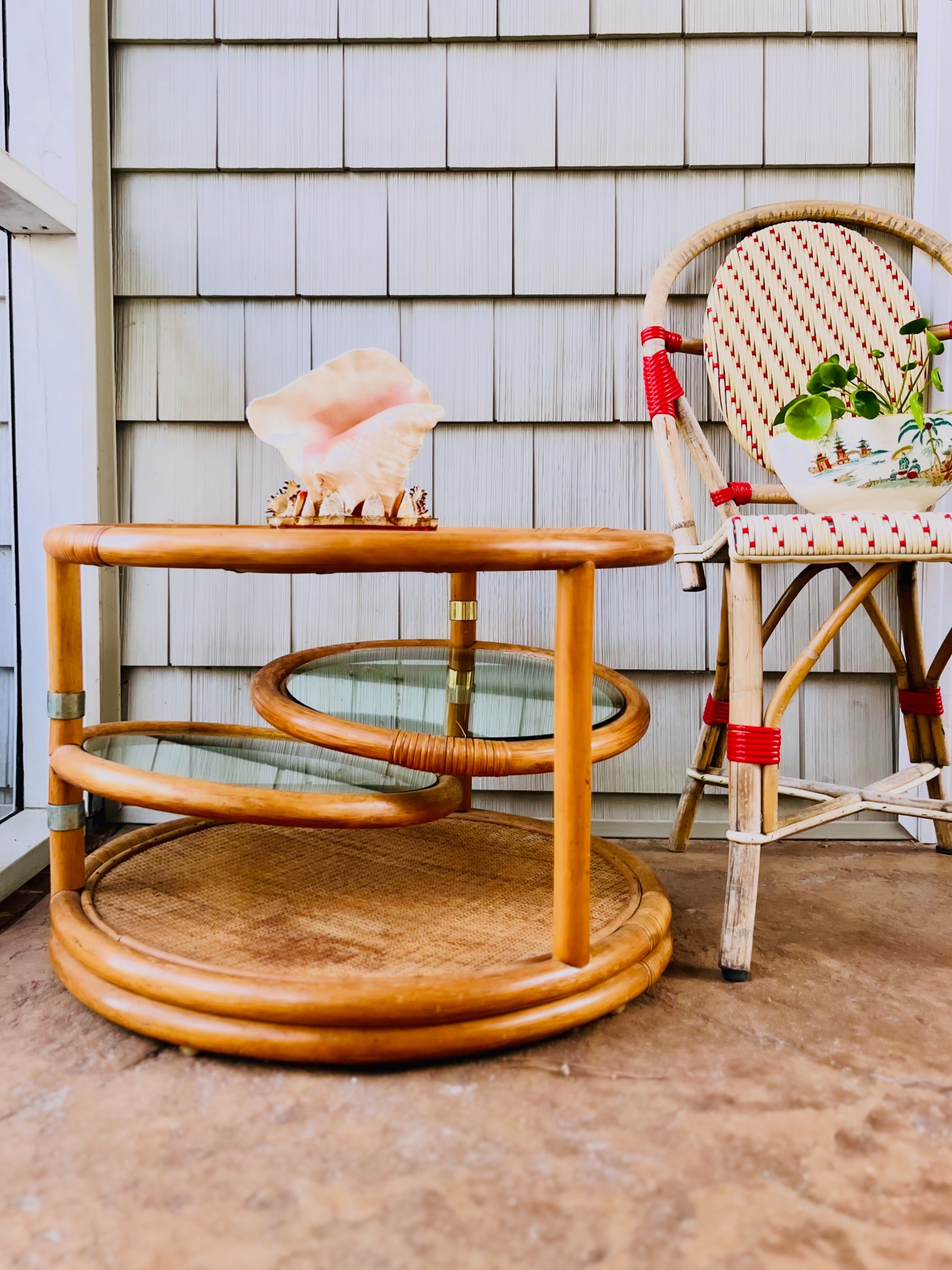 Rattan & glass tiered table
