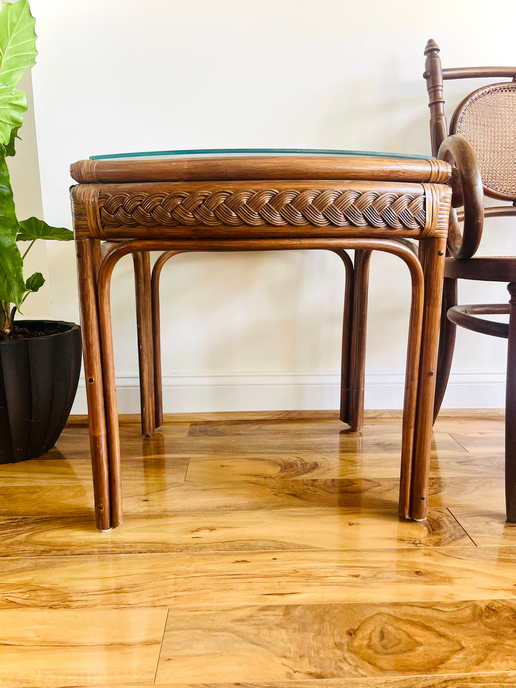 Rattan glass top side table