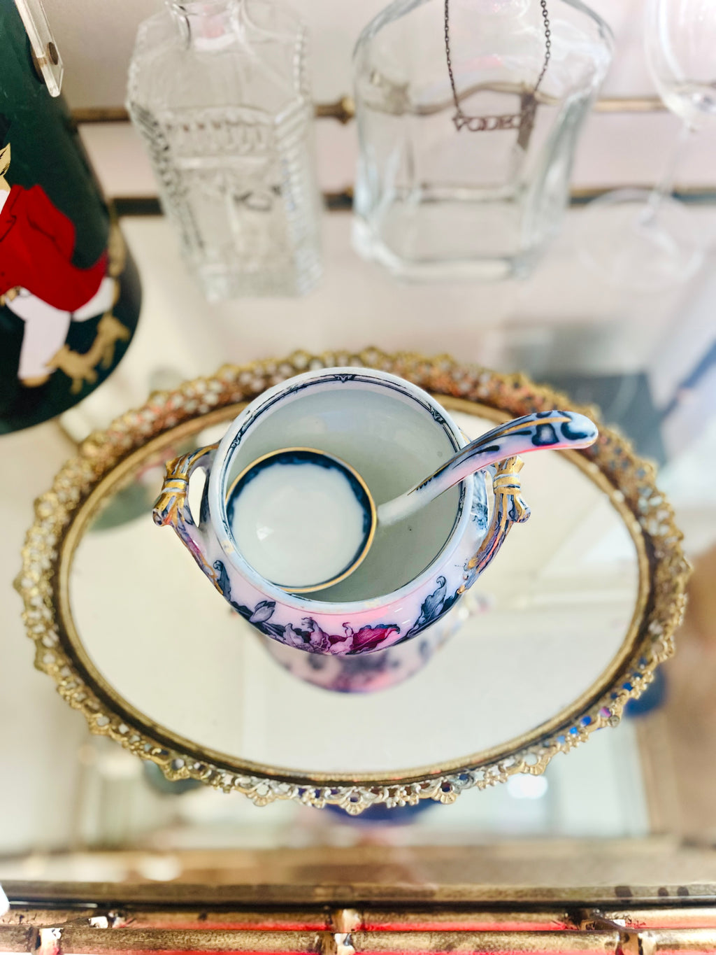 Flow Blue iris tureen & ladle